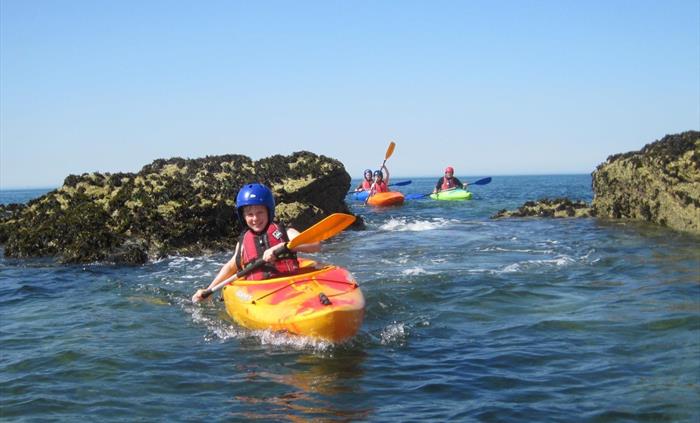 family kayaking session, Rhoscolyn, Anglesey